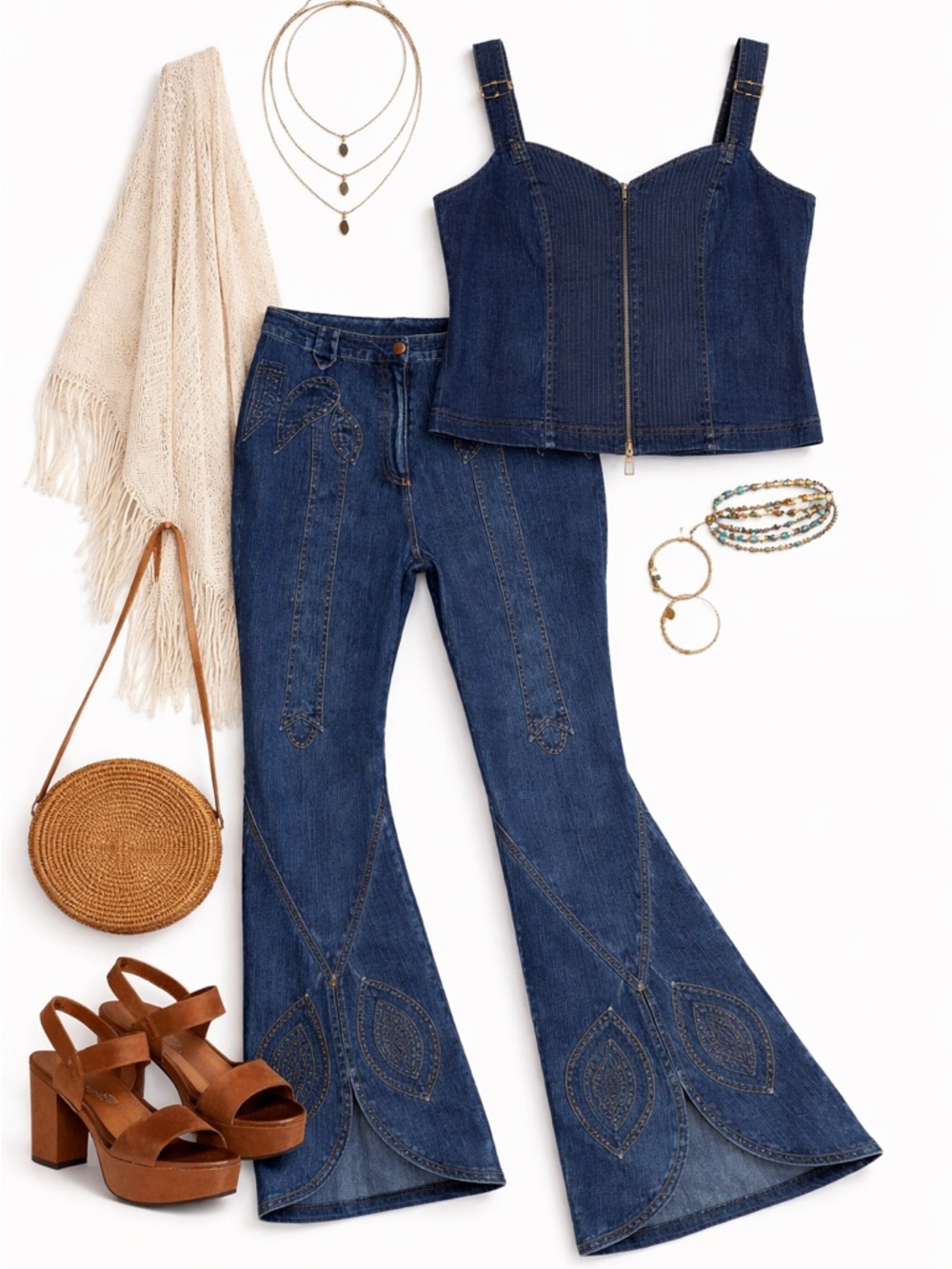 Boho Denim Set Corset Top + Embroidered Flare Jeans Size 8